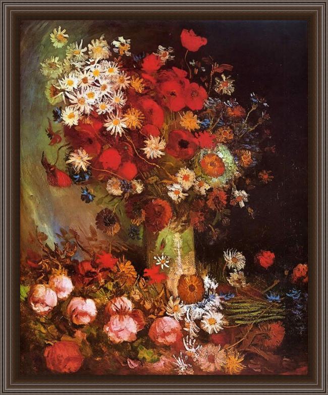Framed Vincent van Gogh vase with poppies cornflowers peonies and chrysanthemums painting