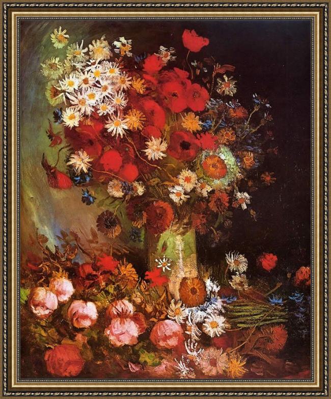 Framed Vincent van Gogh vase with poppies cornflowers peonies and chrysanthemums painting