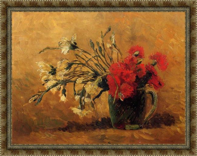 Framed Vincent van Gogh vase with red and white carnations on a yellow background painting