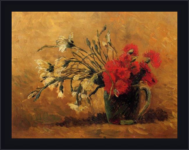 Framed Vincent van Gogh vase with red and white carnations on a yellow background painting