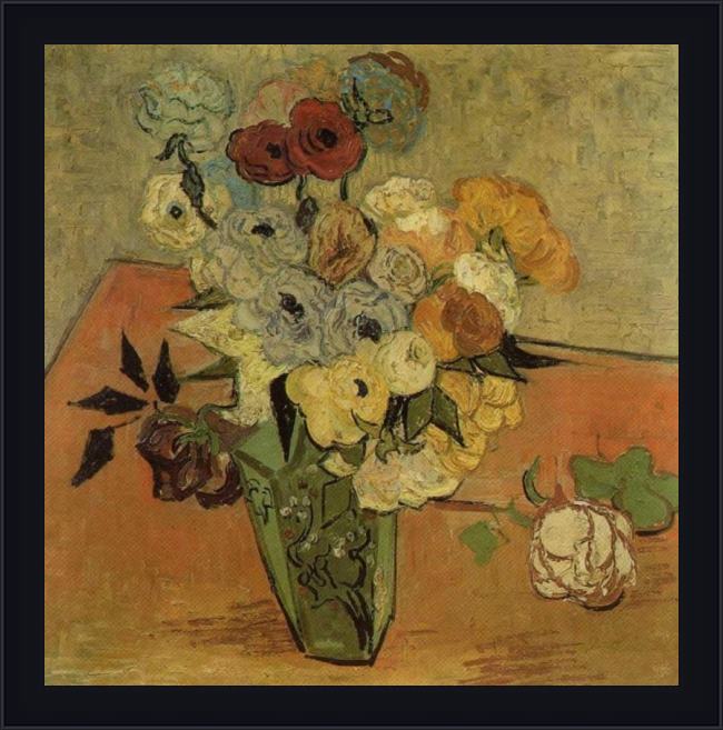 Framed Vincent van Gogh vase with roses and anemones painting
