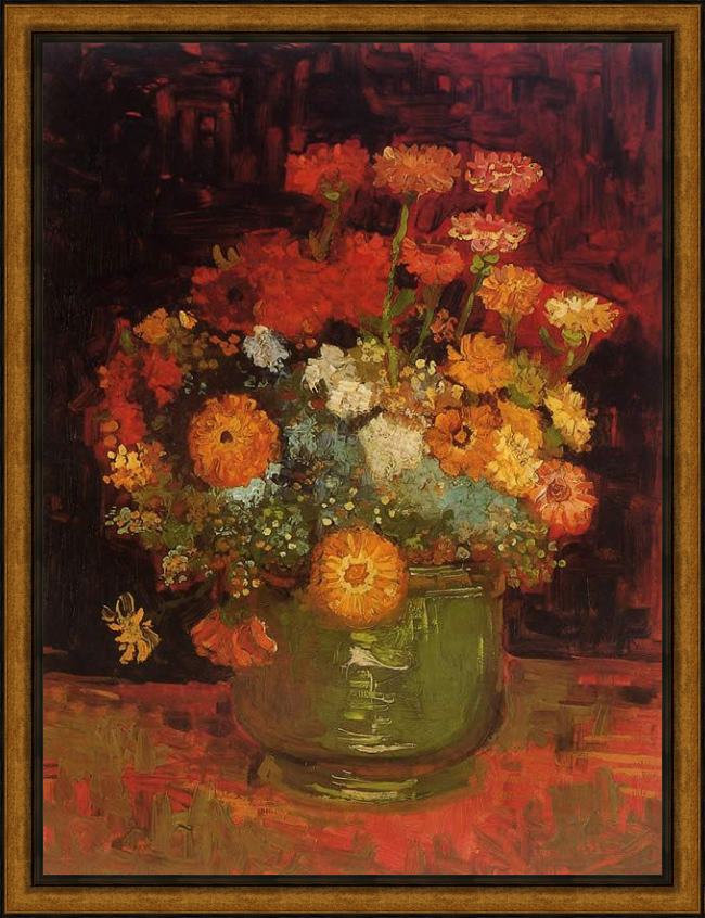 Framed Vincent van Gogh vase with zinnias painting