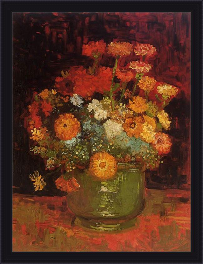 Framed Vincent van Gogh vase with zinnias painting