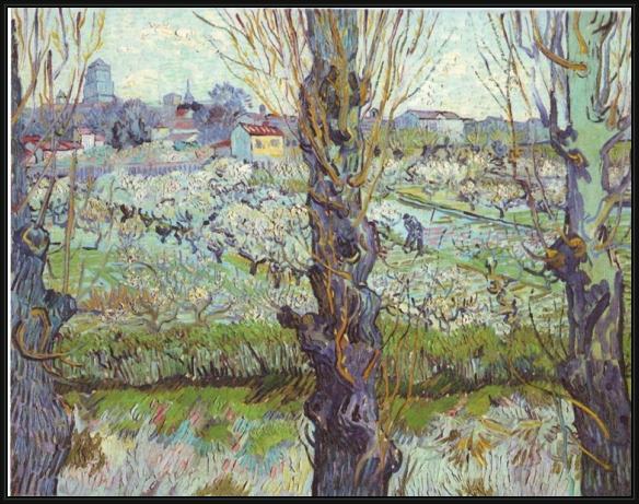 Framed Vincent van Gogh view of arles flowering orchards painting