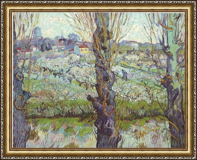 Framed Vincent van Gogh view of arles flowering orchards painting