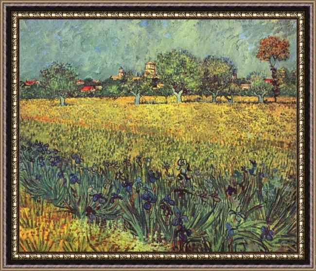 Framed Vincent van Gogh view of arles with irises i painting