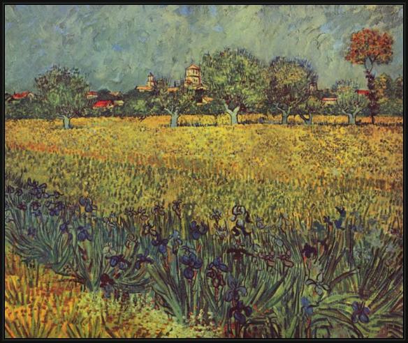 Framed Vincent van Gogh view of arles with irises in the foreground painting