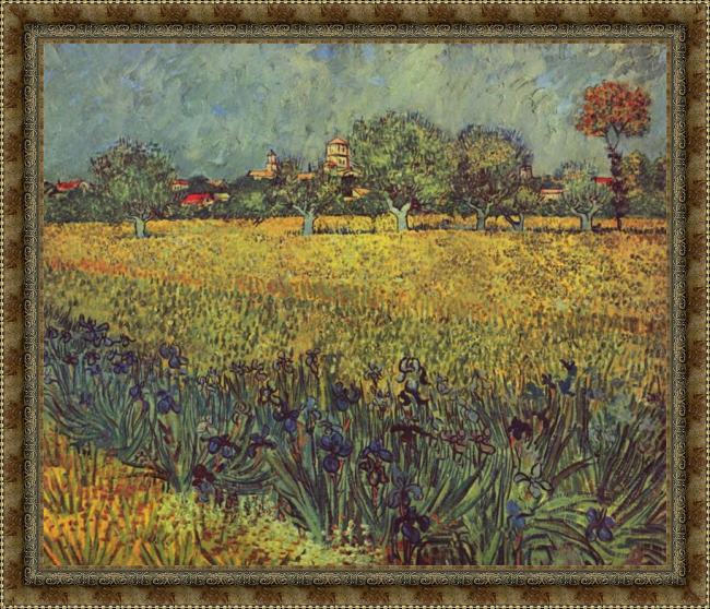 Framed Vincent van Gogh view of arles with irises in the foreground painting