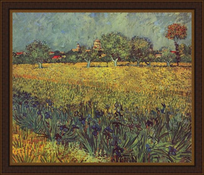 Framed Vincent van Gogh view of arles with irises in the foreground painting