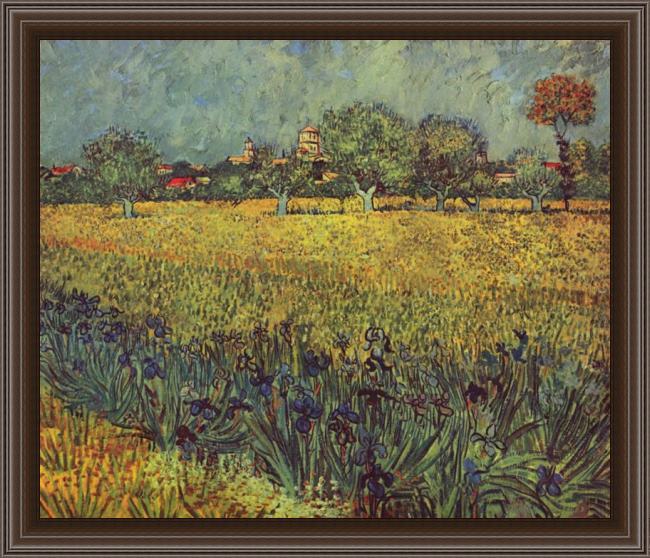 Framed Vincent van Gogh view of arles with irises in the foreground painting