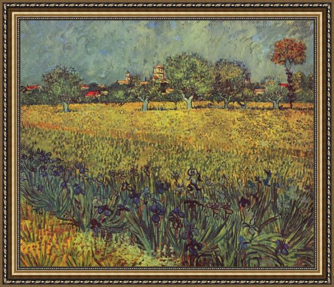 Framed Vincent van Gogh view of arles with irises in the foreground painting