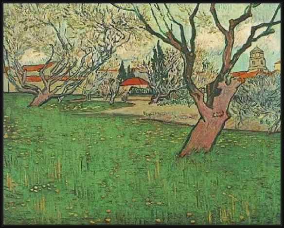 Framed Vincent van Gogh view of arles with tress in blossom painting