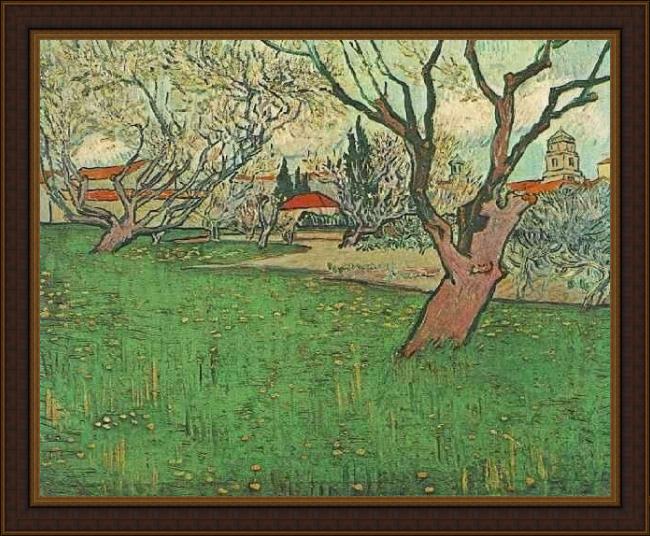 Framed Vincent van Gogh view of arles with tress in blossom painting