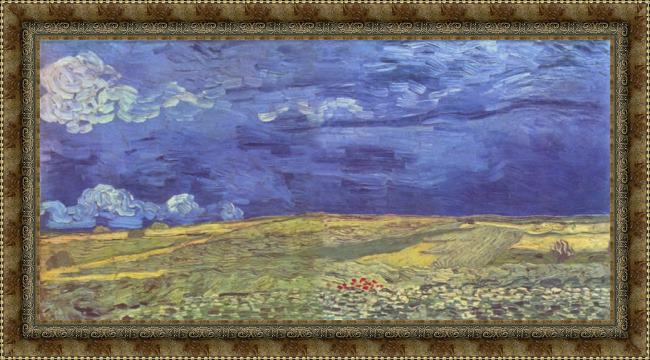 Framed Vincent van Gogh wheat field under clouded sky painting