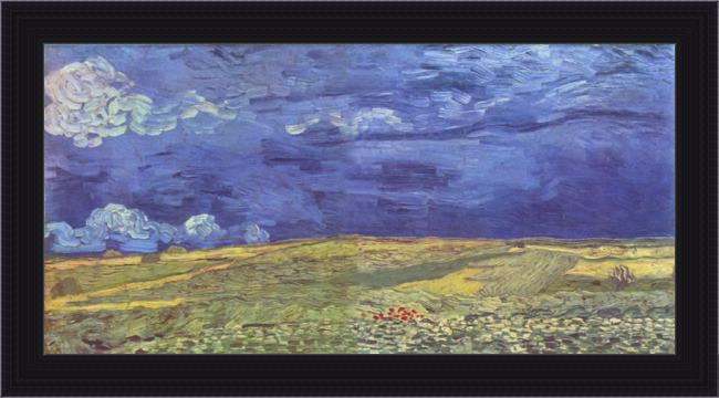 Framed Vincent van Gogh wheat field under clouded sky painting