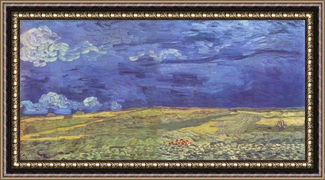 Framed Vincent van Gogh wheat field under clouded sky painting