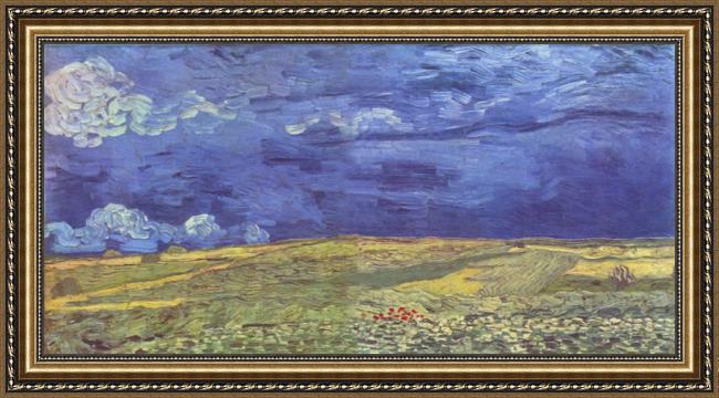 Framed Vincent van Gogh wheat field under clouded sky painting