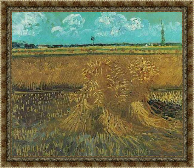 Framed Vincent van Gogh wheat field with sheaves painting