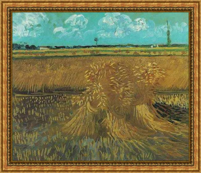 Framed Vincent van Gogh wheat field with sheaves painting