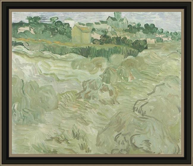 Framed Vincent van Gogh wheat fields with auvers in the background painting