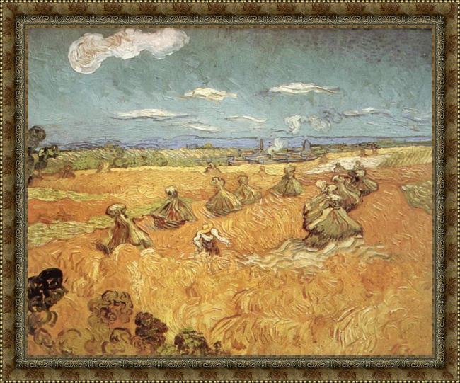 Framed Vincent van Gogh wheat stacks with reaper painting