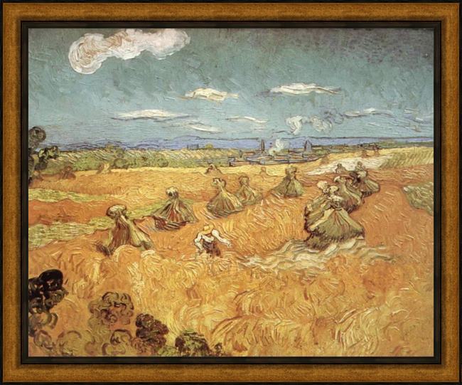 Framed Vincent van Gogh wheat stacks with reaper painting