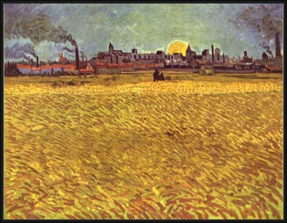 Framed Vincent van Gogh wheatfield at sunset painting