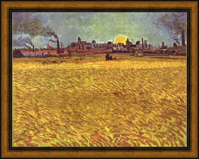 Framed Vincent van Gogh wheatfield at sunset painting