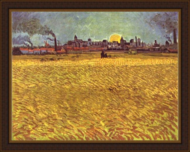 Framed Vincent van Gogh wheatfield at sunset painting