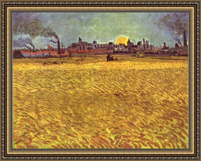 Framed Vincent van Gogh wheatfield at sunset painting