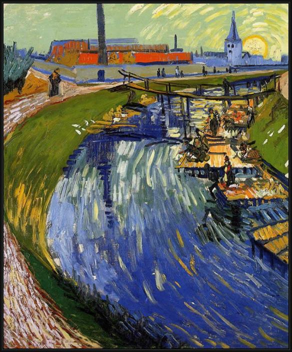 Framed Vincent van Gogh women washing on a canal painting