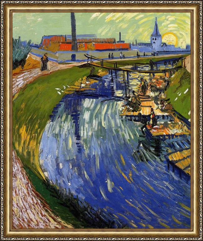 Framed Vincent van Gogh women washing on a canal painting