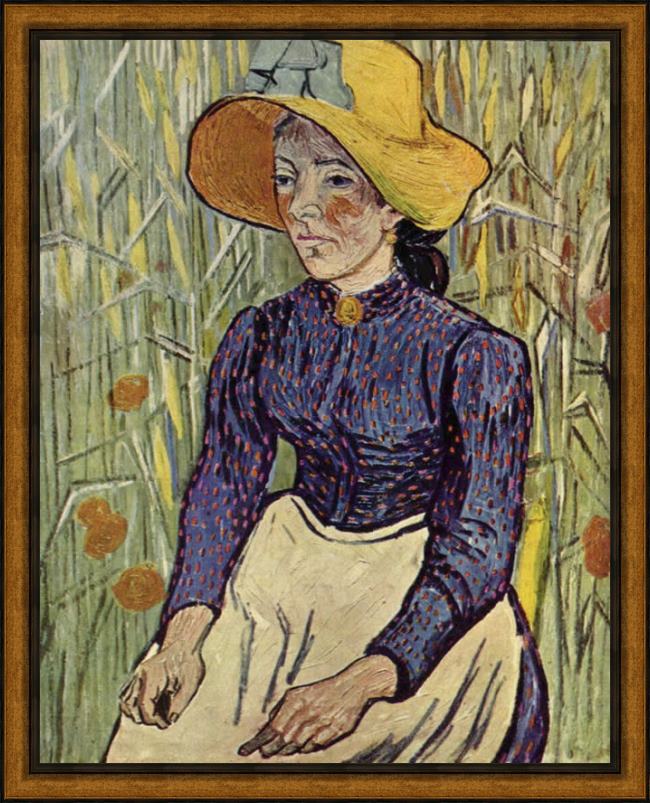 Framed Vincent van Gogh young peasant woman with straw hat sitting in the wheat painting