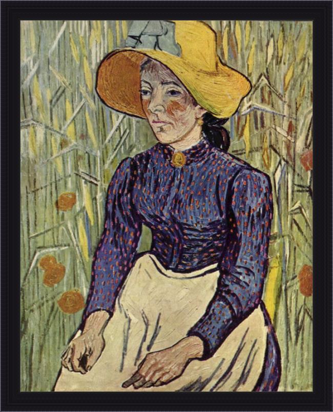 Framed Vincent van Gogh young peasant woman with straw hat sitting in the wheat painting