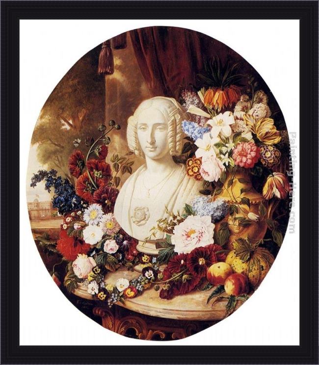 Framed Virginie de Sartorius a still life with assorted flowers, fruit and a marble bust of a woman painting