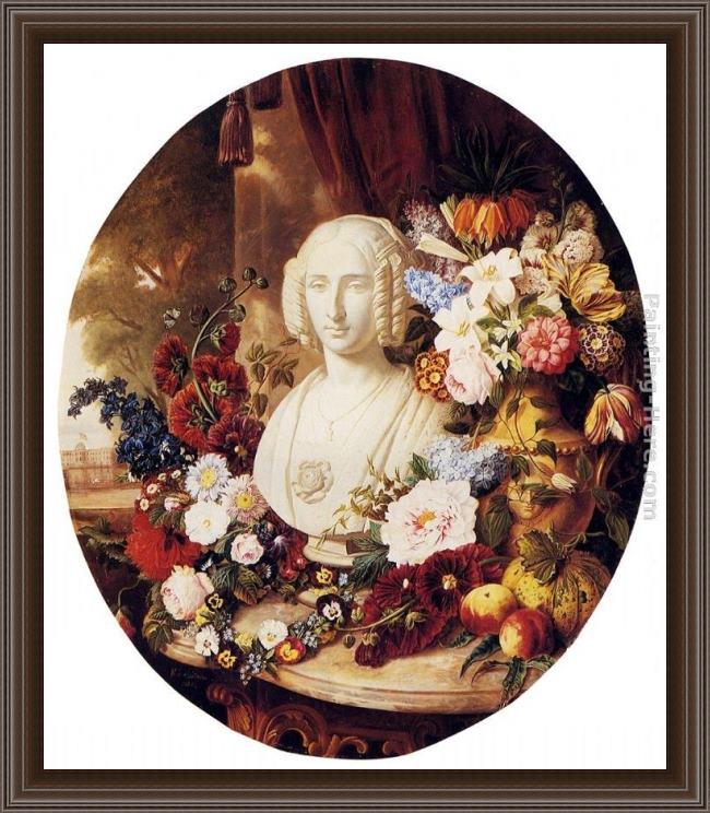 Framed Virginie de Sartorius a still life with assorted flowers, fruit and a marble bust of a woman painting