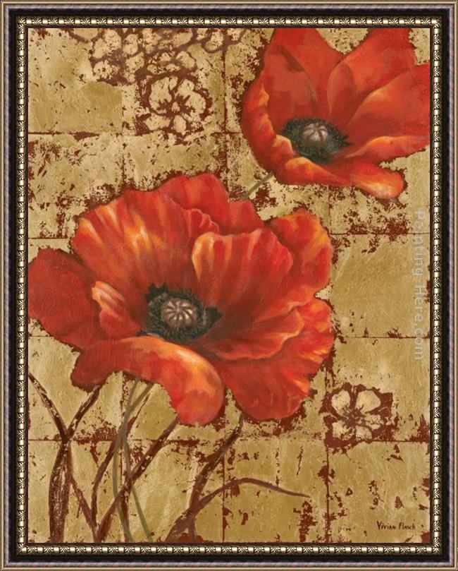 Framed Vivian Flasch poppies on gold i painting