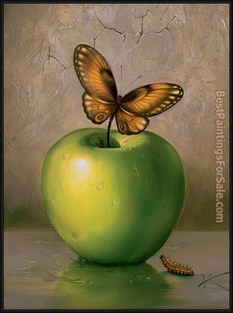 Framed Vladimir Kush green apple painting