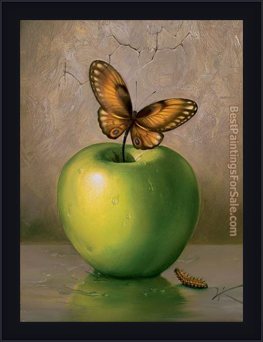 Framed Vladimir Kush green apple painting