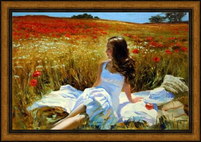 Framed Vladimir Volegov picnic amongst the poppies painting