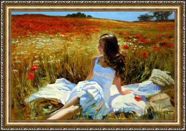 Framed Vladimir Volegov picnic amongst the poppies painting