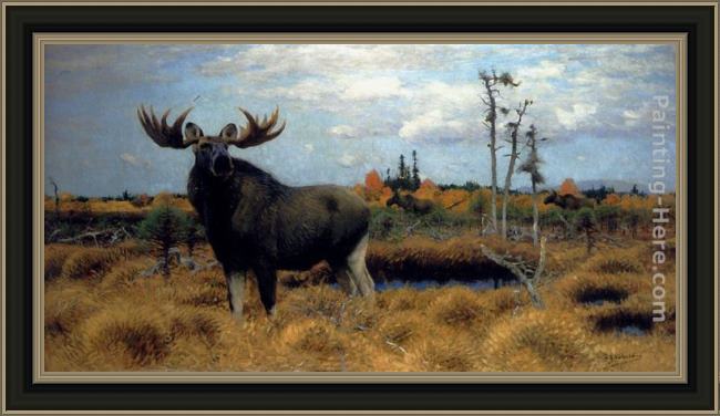 Framed Wilhelm Kuhnert elks in a marsh landscape painting