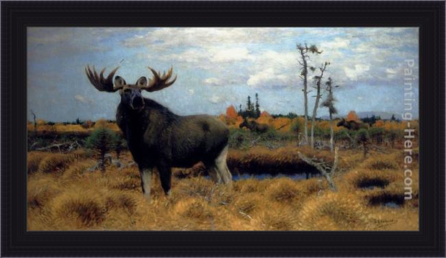 Framed Wilhelm Kuhnert elks in a marsh landscape painting