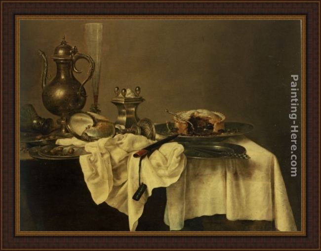 Framed Willem Claesz Heda a blackberry pie, an upturned cup, salt cellar, wine ewer, roemer knife, tablecloth draped peweter plates painting