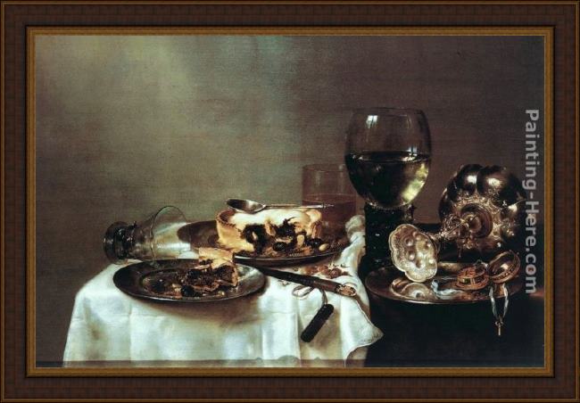 Framed Willem Claesz Heda breakfast with blackberry pie painting