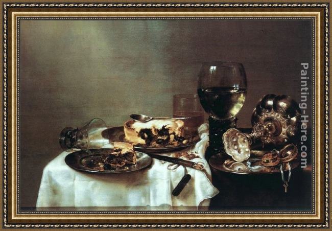 Framed Willem Claesz Heda breakfast with blackberry pie painting