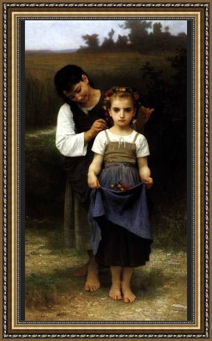 Framed William Bouguereau crown of flowers painting
