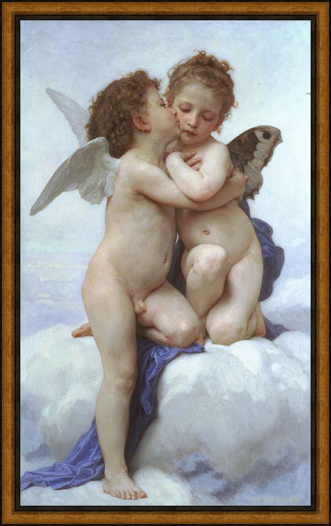 Framed William Bouguereau cupid and psyche as children painting