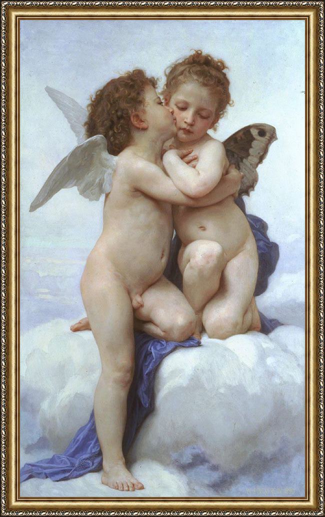 Framed William Bouguereau cupid and psyche as children painting