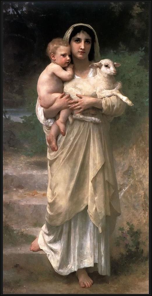 Framed William Bouguereau lambs painting